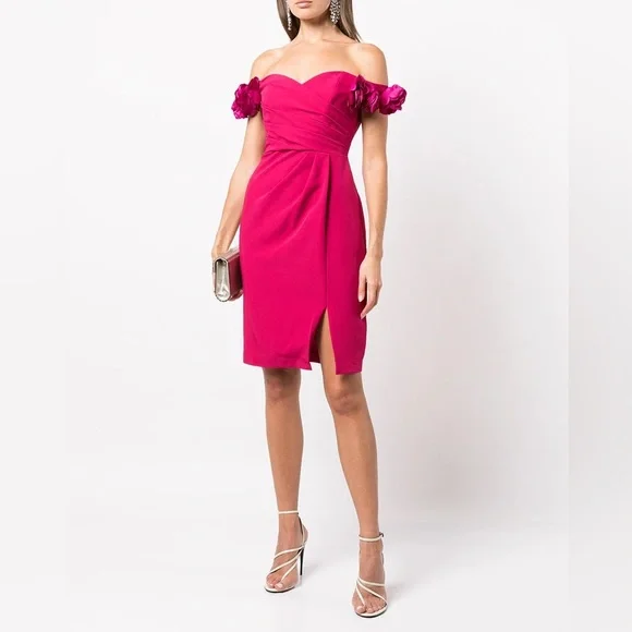 marchesa notte off shoulder cocktail dress Marchesa Notte Off-Shoulder Embroidered Tulle Midi Dress